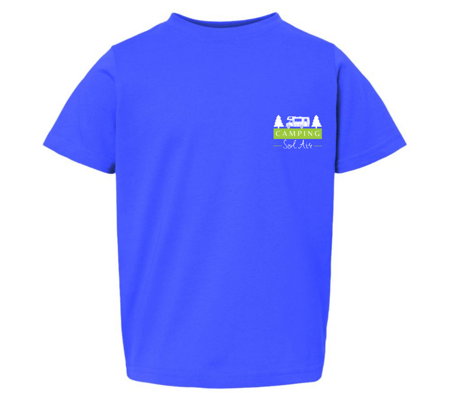 Chandail pour enfant T2, T3 et T4 à manches courtes, confortable et stylé, arborant fièrement le logo du camping (format 4 pouces) pour un look à la fois décontracté et représentatif.