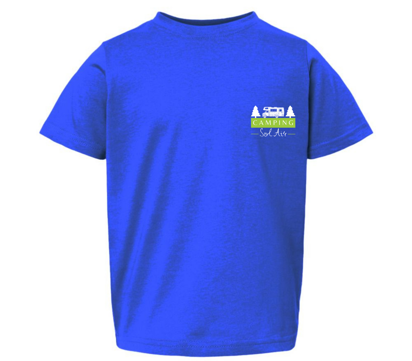 Chandail pour enfant T2, T3 et T4 à manches courtes, confortable et stylé, arborant fièrement le logo du camping (format 4 pouces) pour un look à la fois décontracté et représentatif.