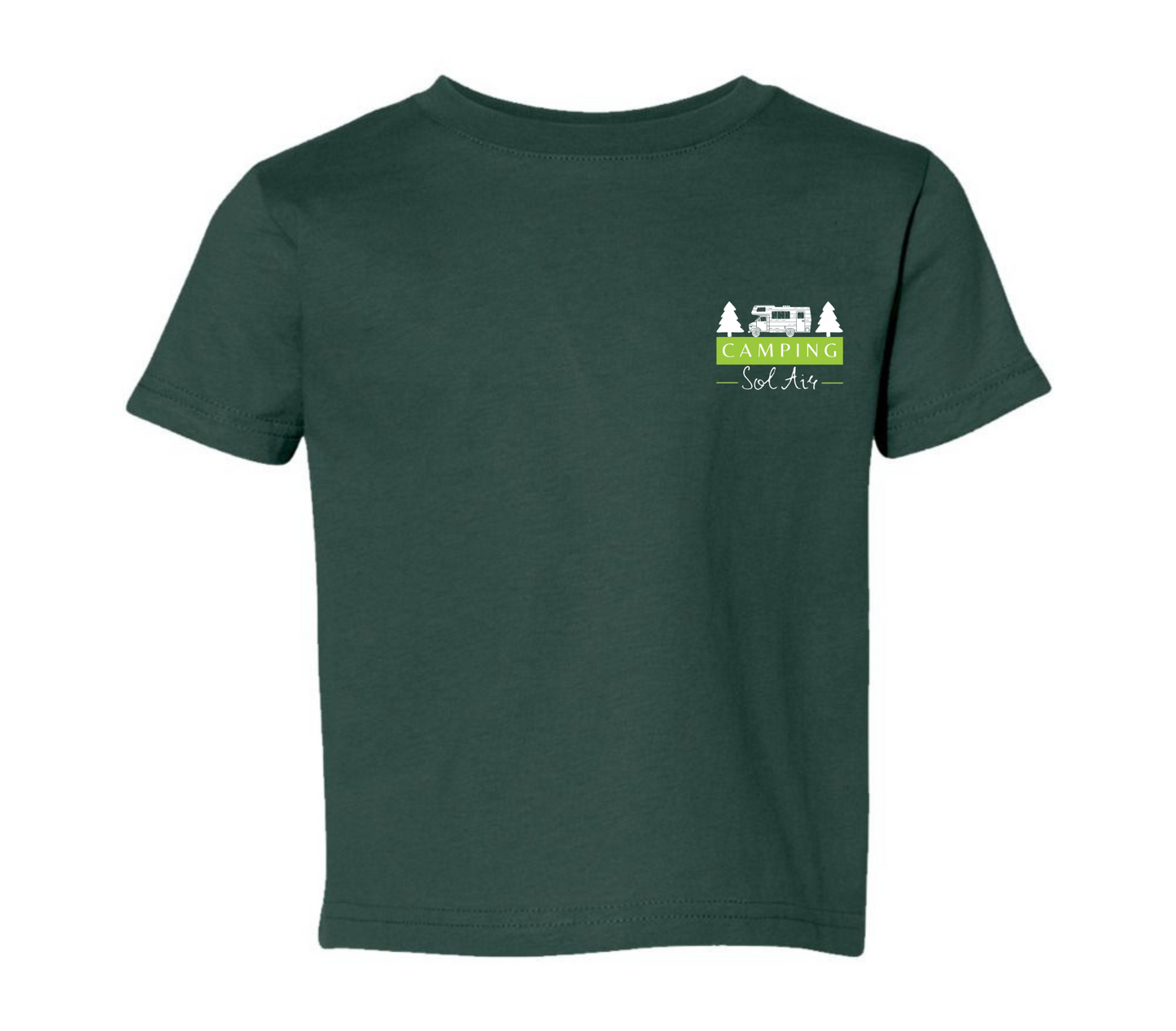Chandail pour enfant T2, T3 et T4 à manches courtes, confortable et stylé, arborant fièrement le logo du camping (format 4 pouces) pour un look à la fois décontracté et représentatif.