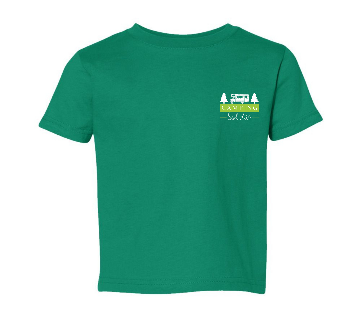 Chandail pour enfant T2, T3 et T4 à manches courtes, confortable et stylé, arborant fièrement le logo du camping (format 4 pouces) pour un look à la fois décontracté et représentatif.