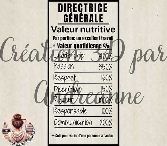 Sublimation, valeur nutritive pour Directrice Générale, PNG